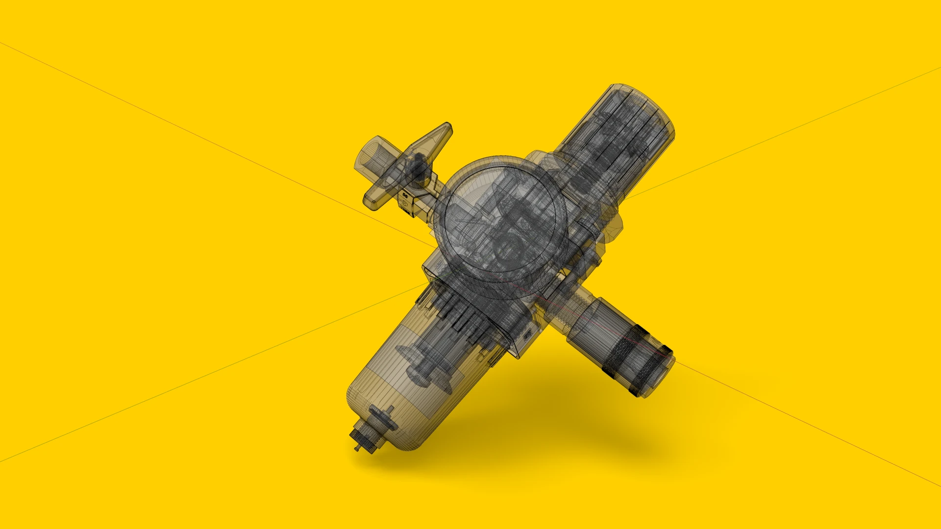Technical CAD wireframe 3D rendering of an industrial air filtration regulator showcasing the engineering precision of a digital twin asset