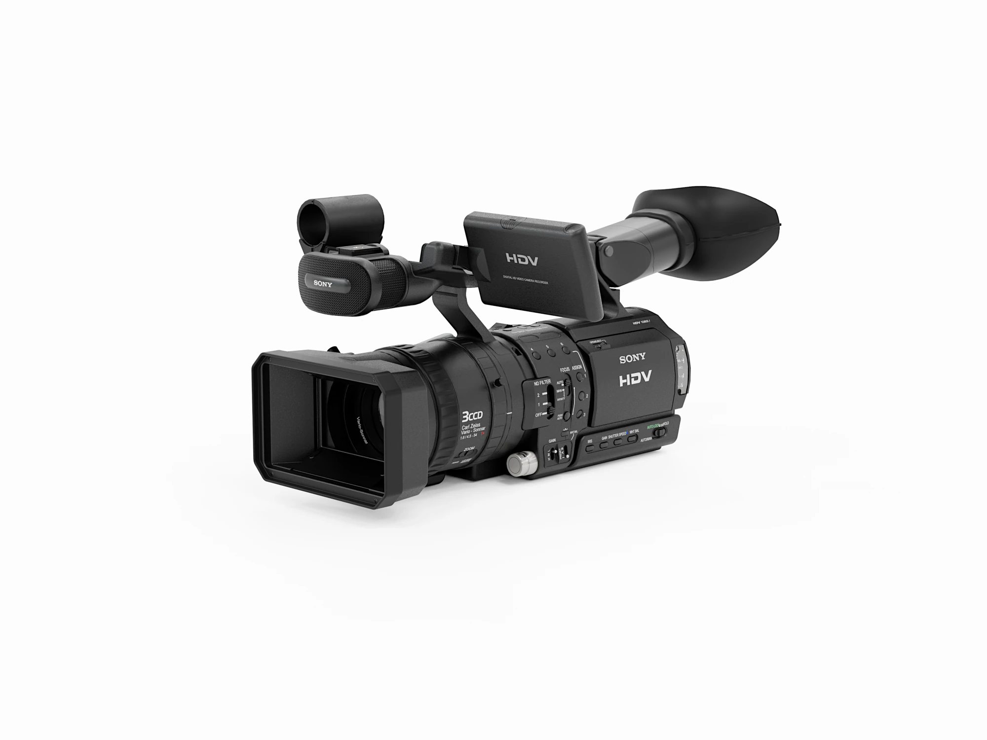 Photorealistic 3D product rendering of a Sony digital video camera camcorder on a clean white background with locked virtual studio lighting to ensure catalogue consistency
