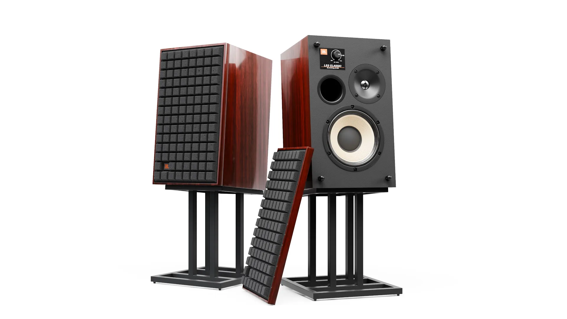 Photorealistic 3D product rendering of bookshelf loudspeaker showcasing a premium cherry wood grain shader and a black foam grille cover variant