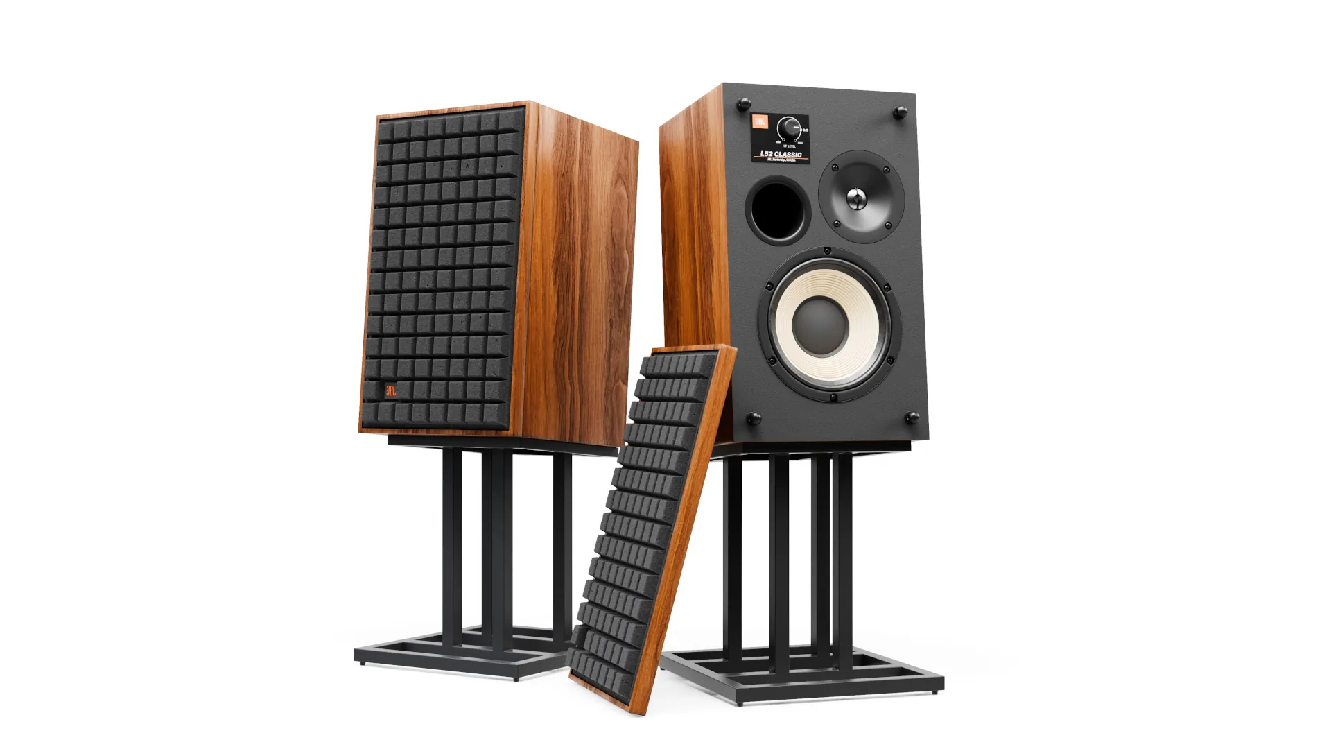 Digital twin product asset rendering displaying a classic audio speaker model configured with a dark oak wood housing and a black protective grille layer