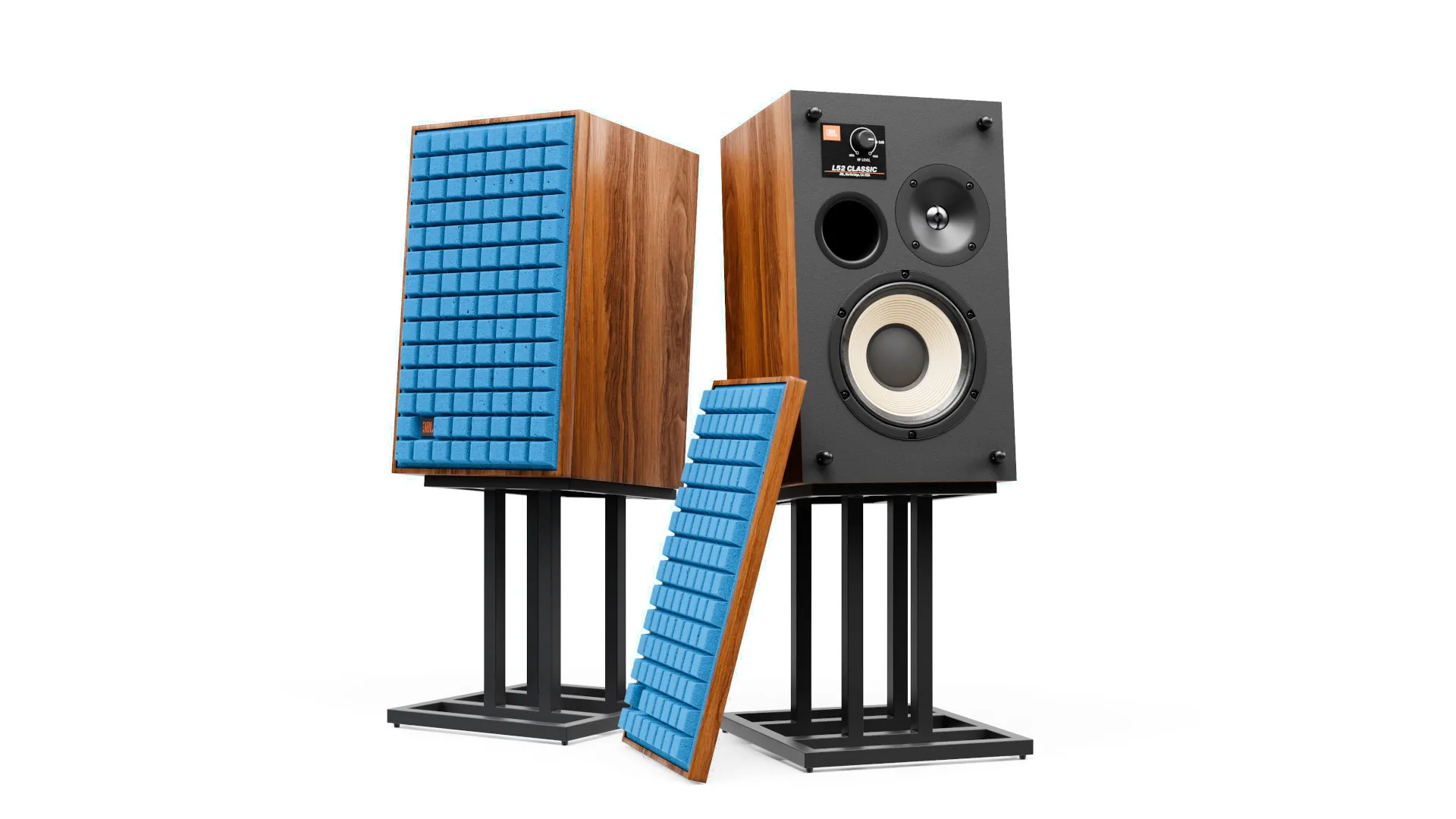 3D model material variation showcase exhibiting a dark oak wood loudspeaker finish paired with an alternative blue quadrex foam grille texture option