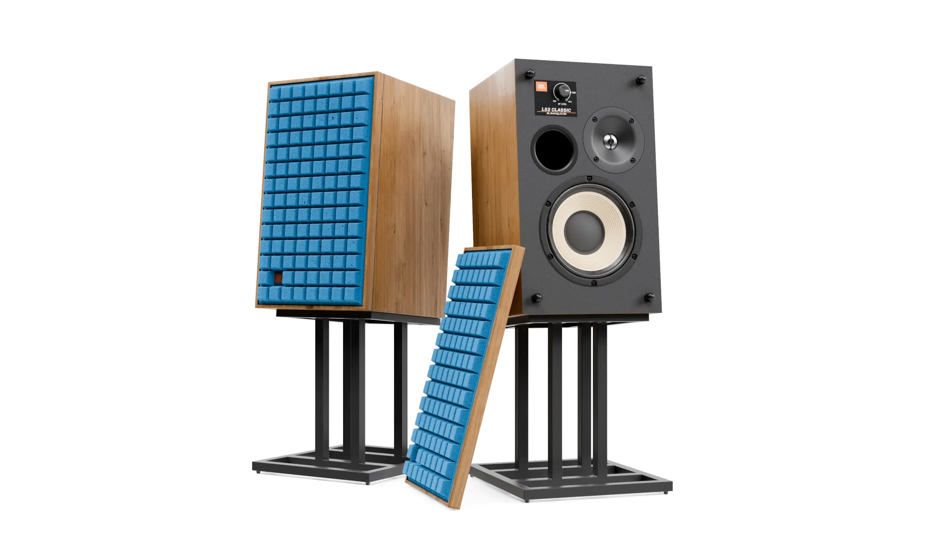 High-end 3D loudspeaker visualization featuring a natural light oak wood PBR texture finish and an interchangeable blue quadrex foam grille configuration